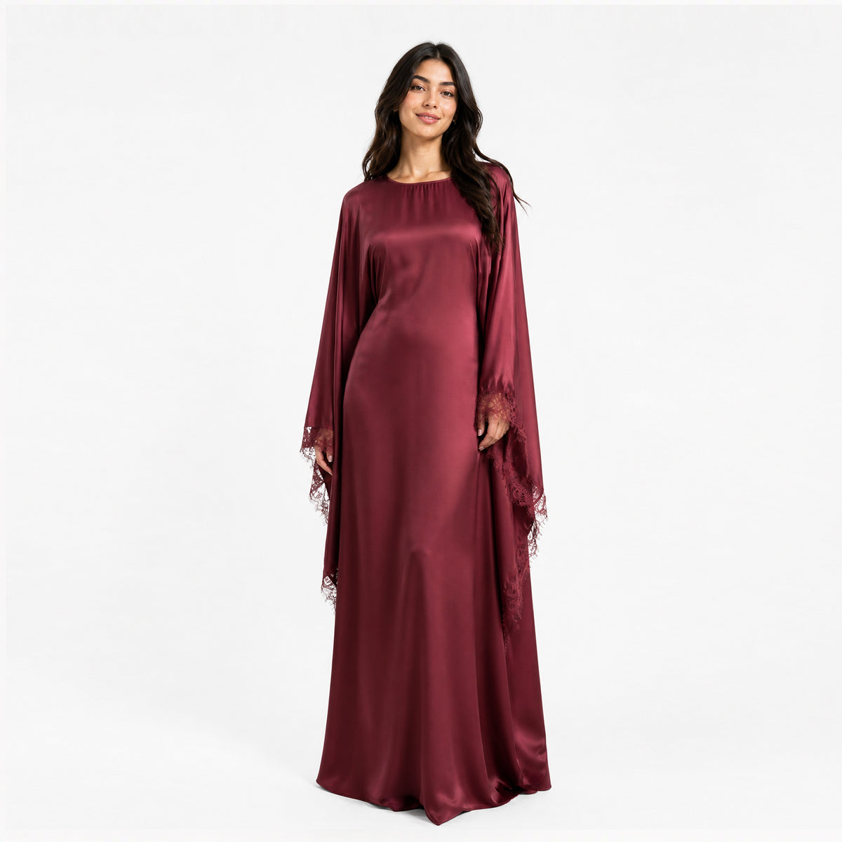 Abaya caftan satiné à dentelle