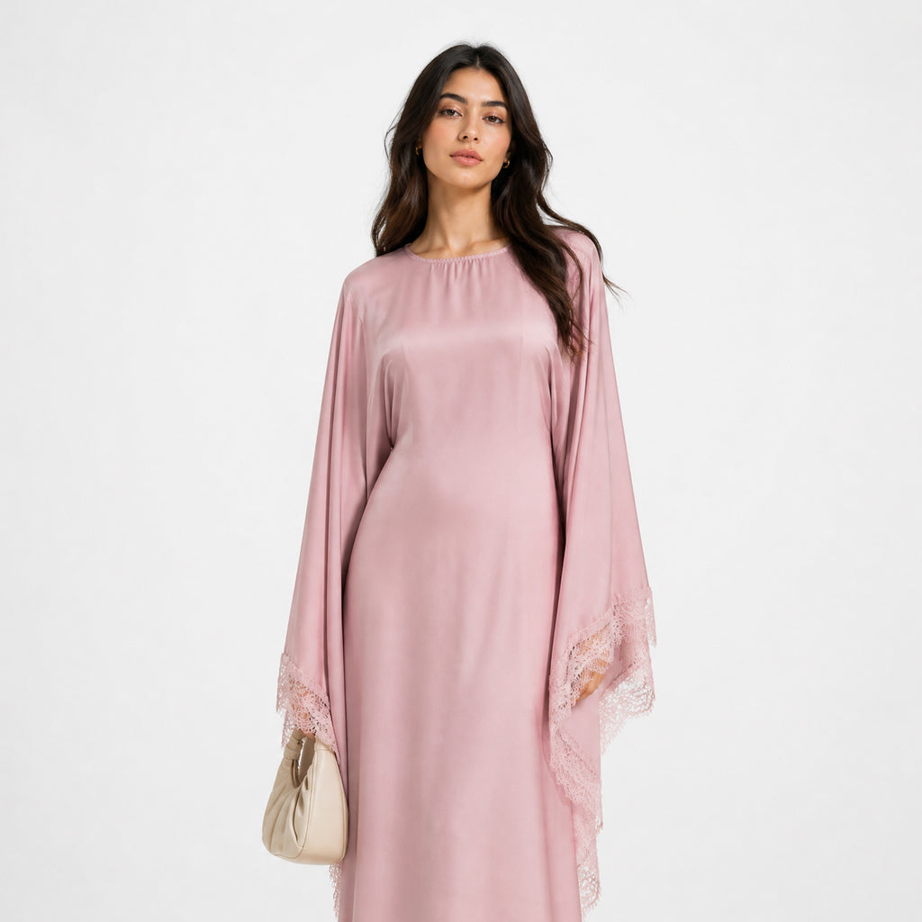 Satin abaya caftan with lace